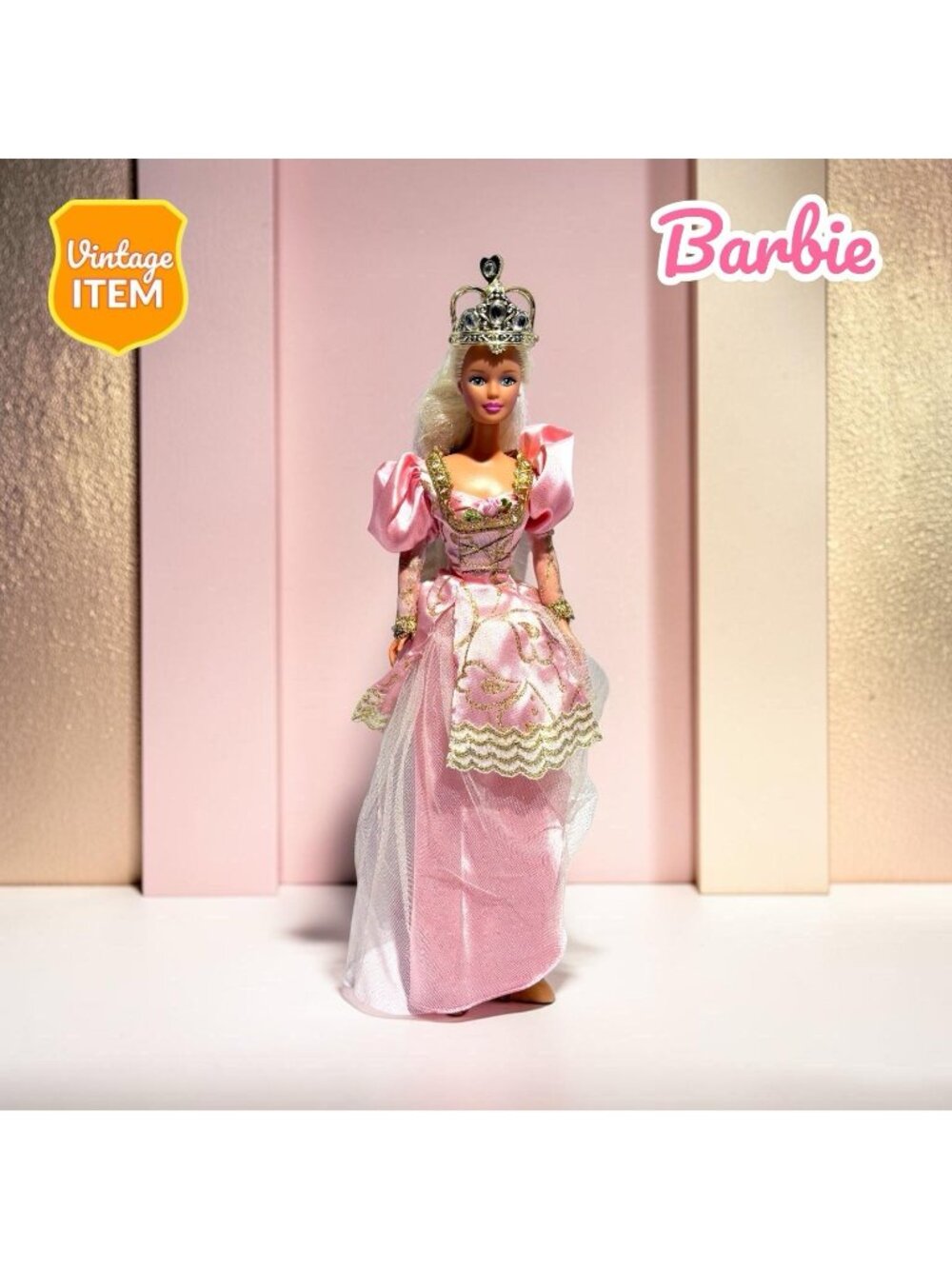 Vintage 1997 Mattel Collectible Rapunzel Barbie Doll in Pink Gown & Gold Tiara.